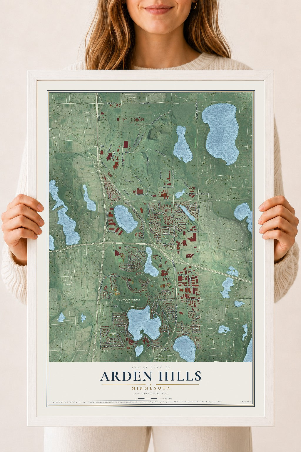 Map of Arden Hills, Minnesota, 18 x 24 inch print in a white wood frame