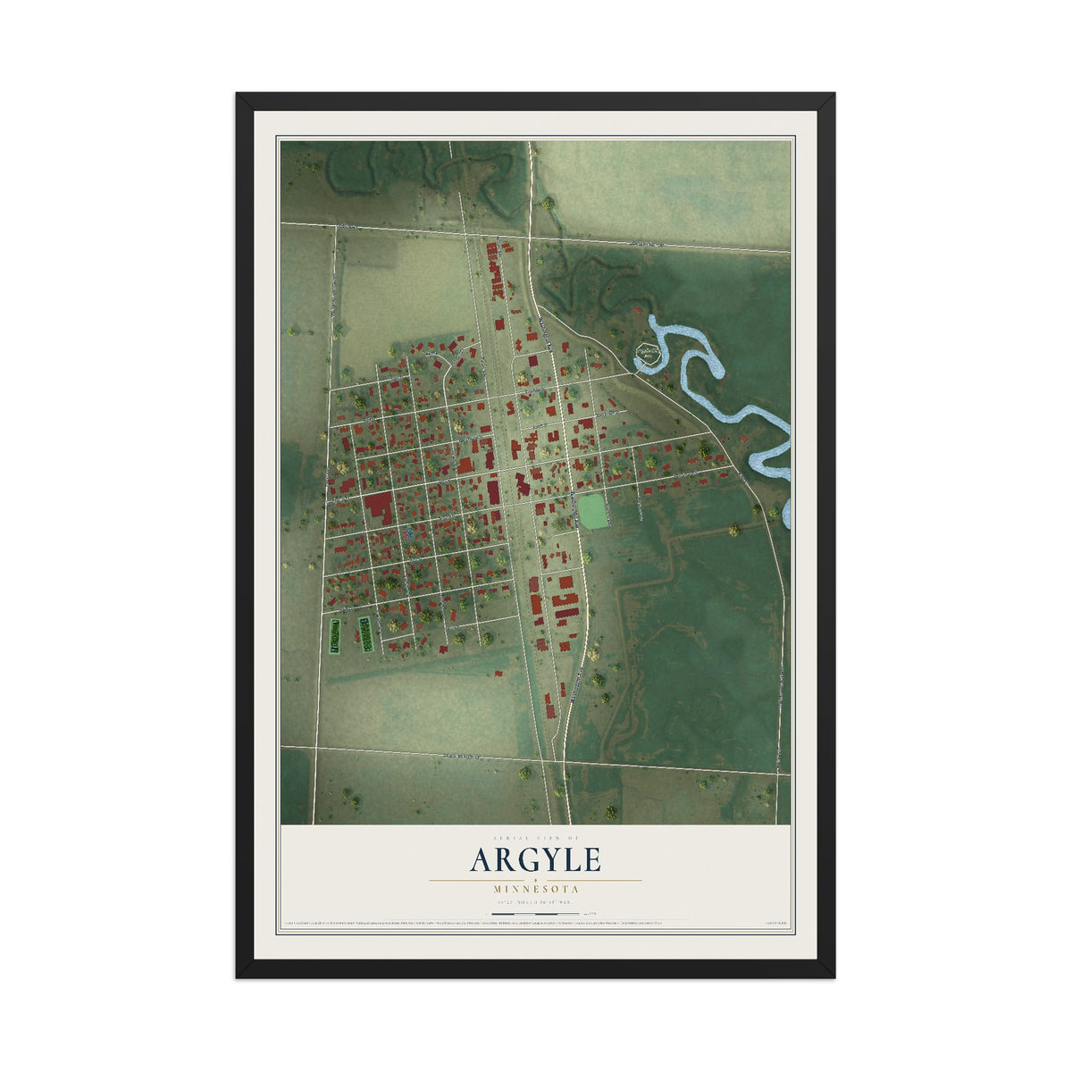 Map of Argyle, Minnesota, 12 x 18 inch print in a black wood frame