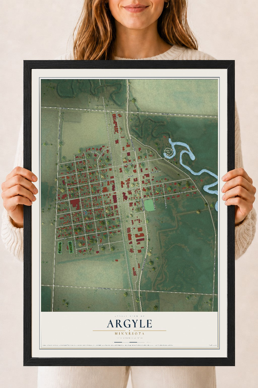 Map of Argyle, Minnesota, 18 x 24 inch print in a black wood frame