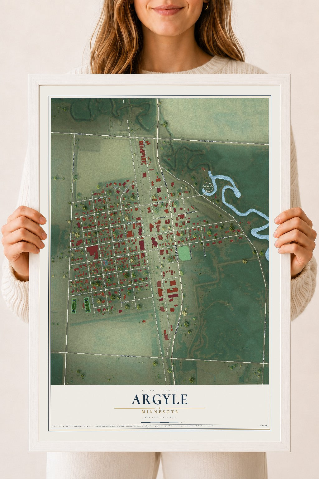 Map of Argyle, Minnesota, 18 x 24 inch print in a white wood frame