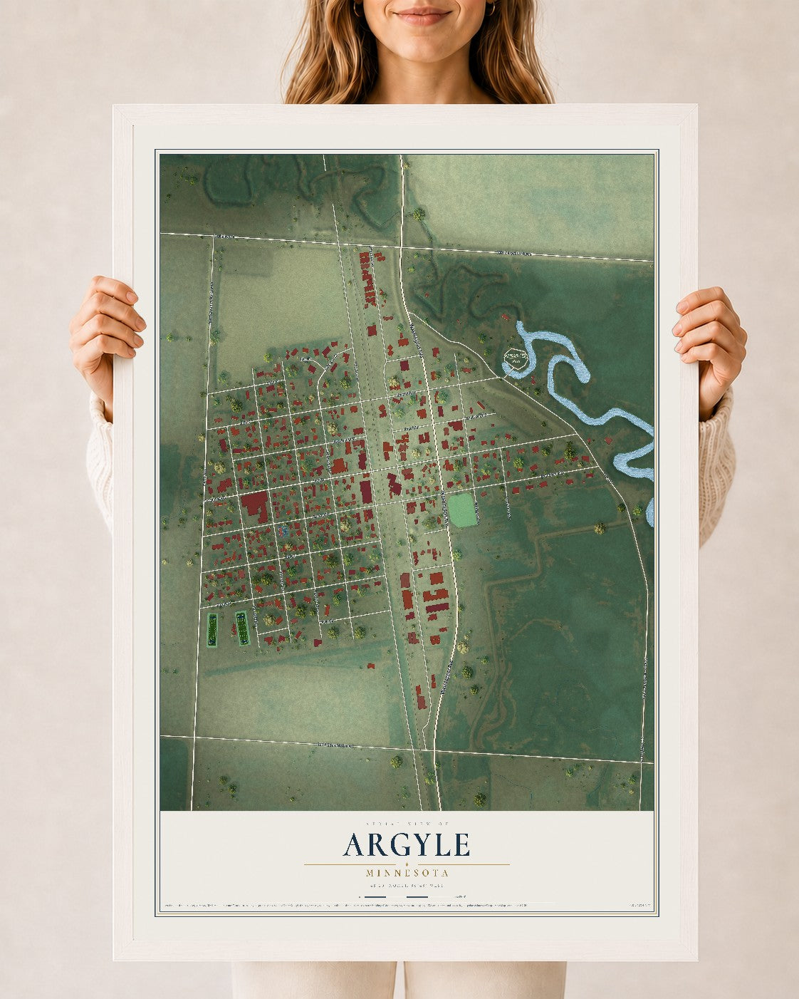 Map of Argyle, Minnesota, 24 x 36 inch print in a white wood frame