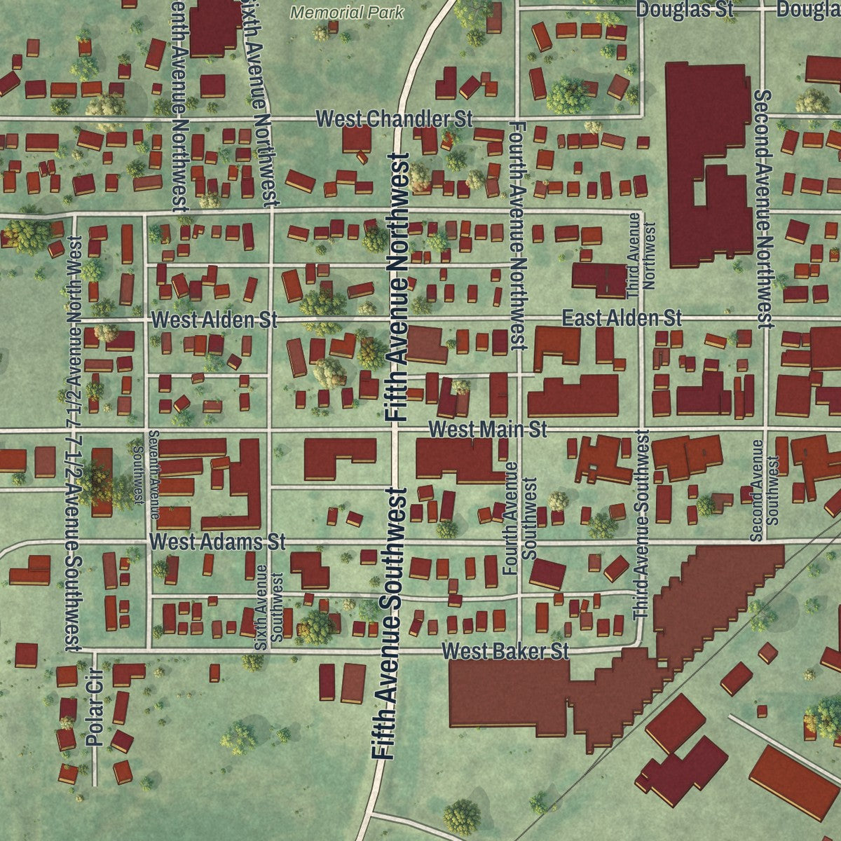 Close-up of the map of Arlington, Minnesota print showing street and building detail