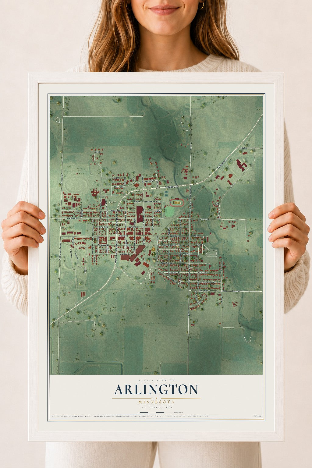 Map of Arlington, Minnesota, 18 x 24 inch print in a white wood frame