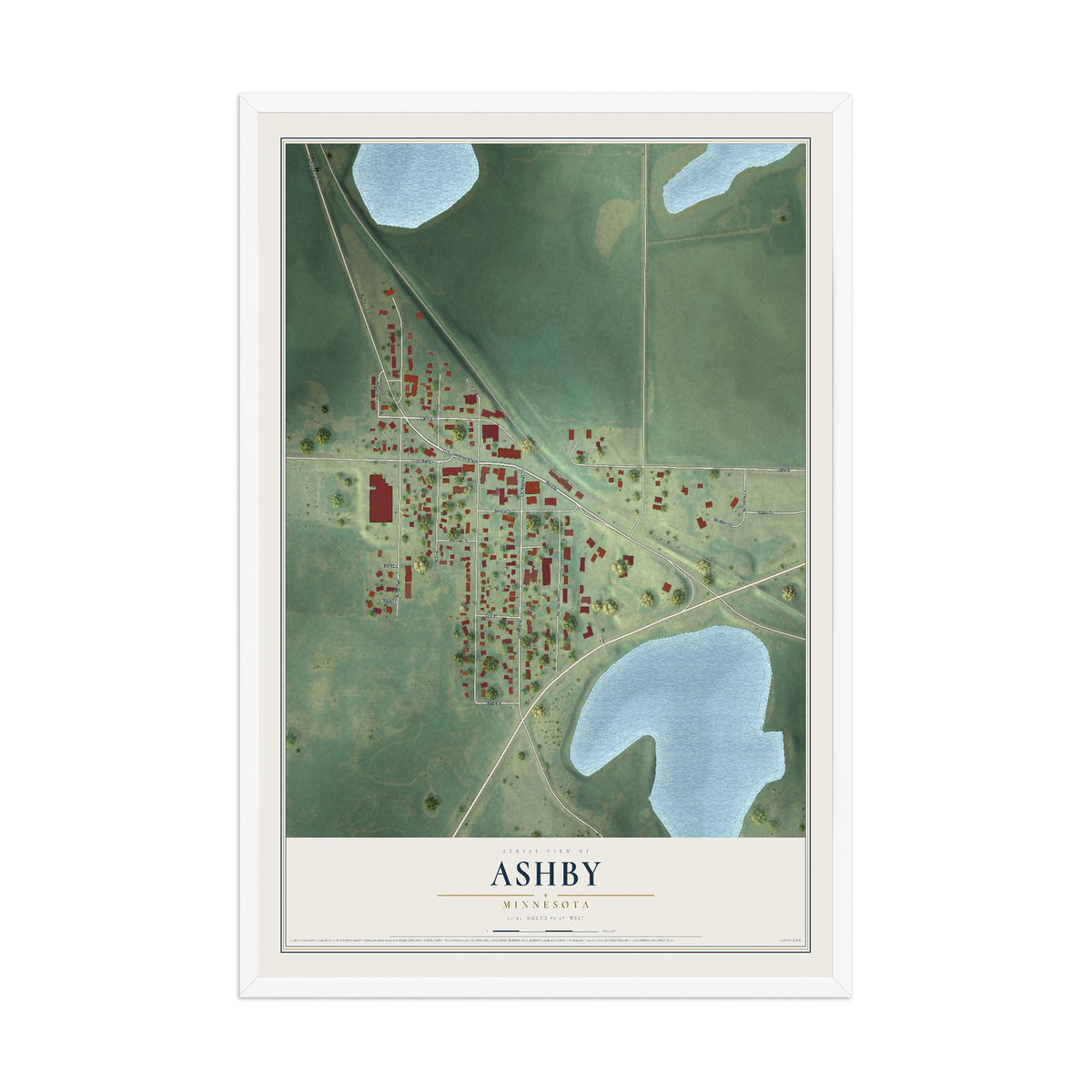 Map of Ashby, Minnesota, 12 x 18 inch print in a white wood frame
