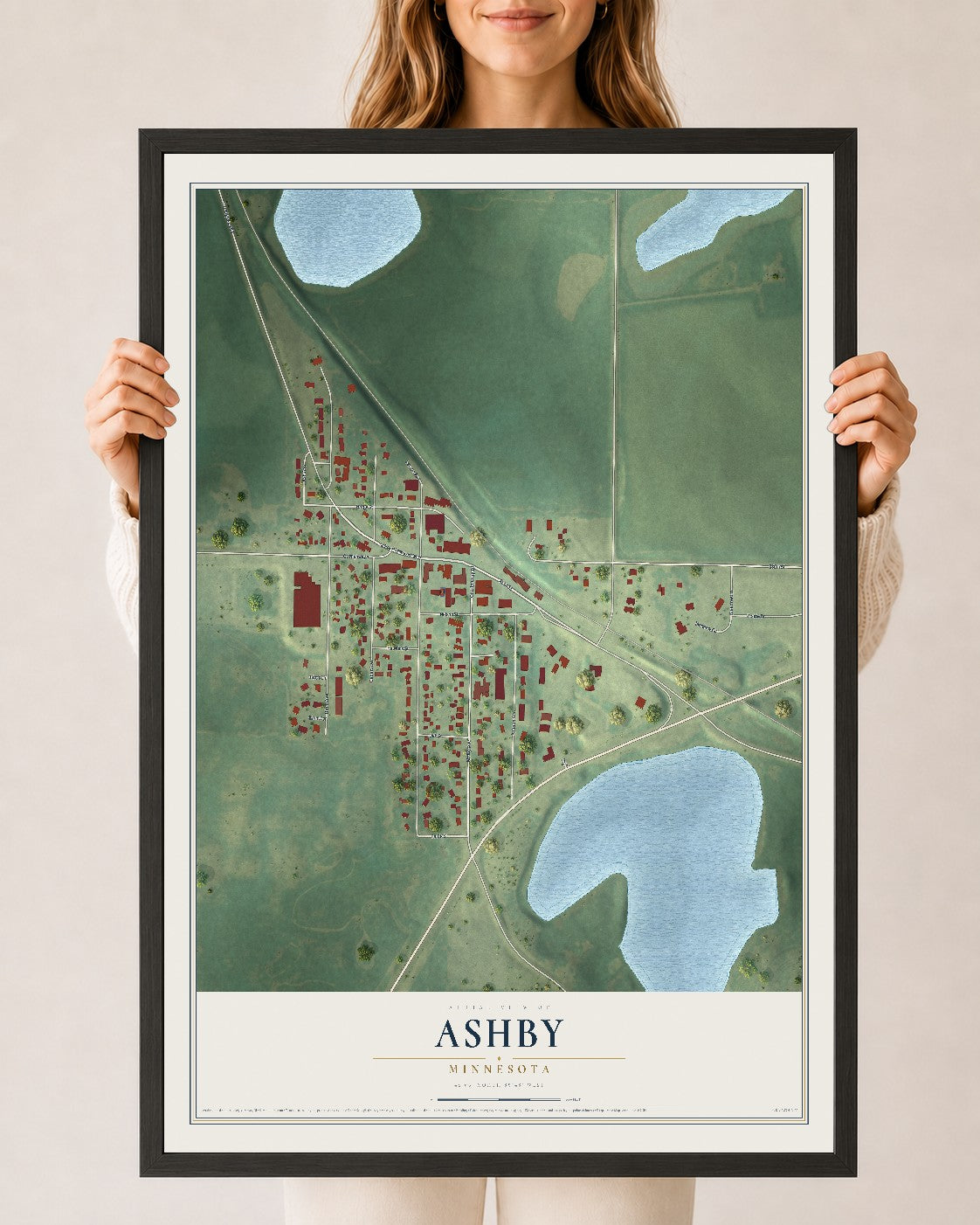 Map of Ashby, Minnesota, 24 x 36 inch print in a black wood frame