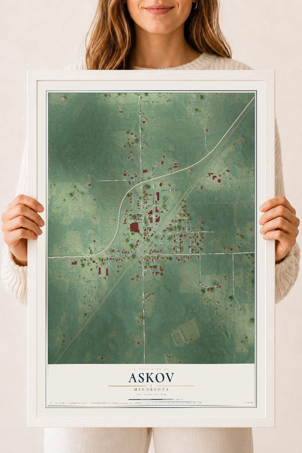 Map of Askov, Minnesota, 18 x 24 inch print in a white wood frame
