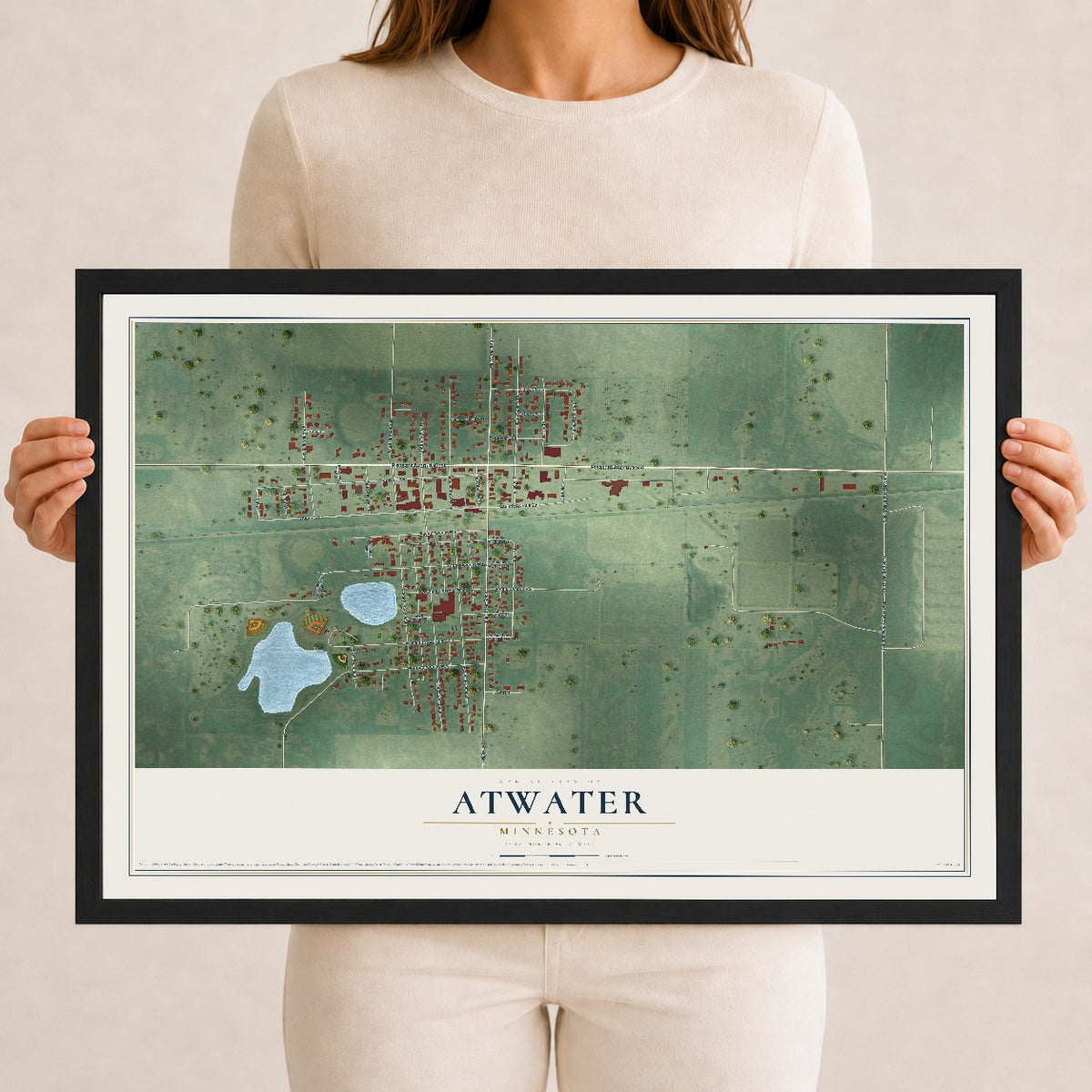 Map of Atwater, Minnesota, 12 x 18 inch print in a black wood frame