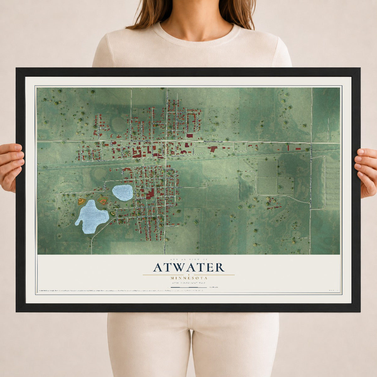 Map of Atwater, Minnesota, 18 x 24 inch print in a black wood frame