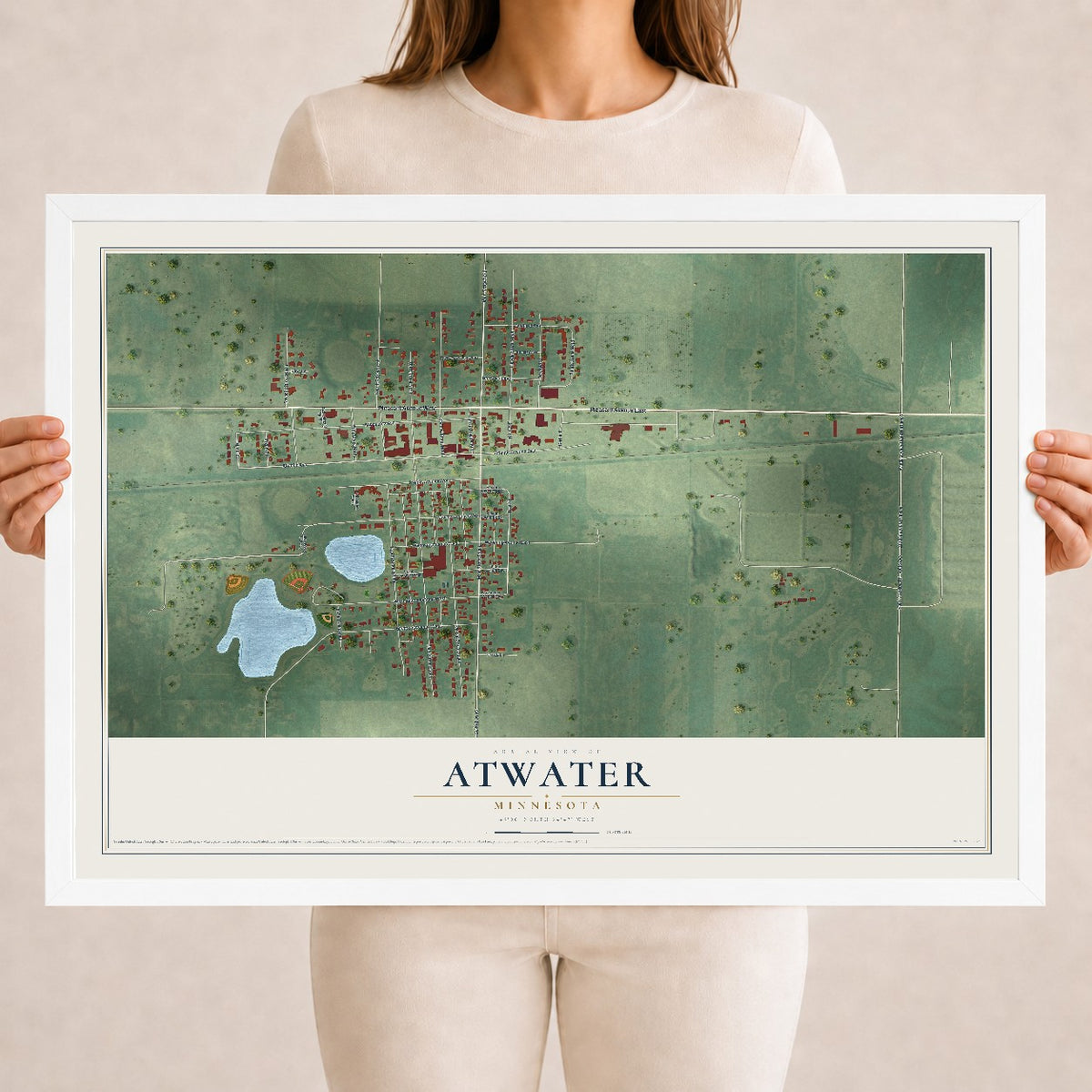 Map of Atwater, Minnesota, 18 x 24 inch print in a white wood frame