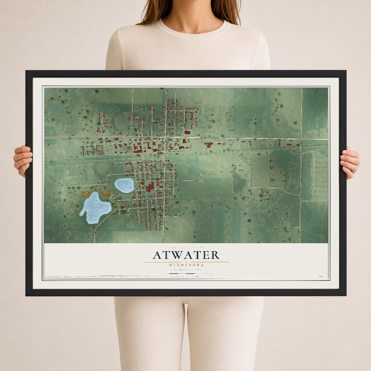 Map of Atwater, Minnesota, 24 x 36 inch print in a black wood frame