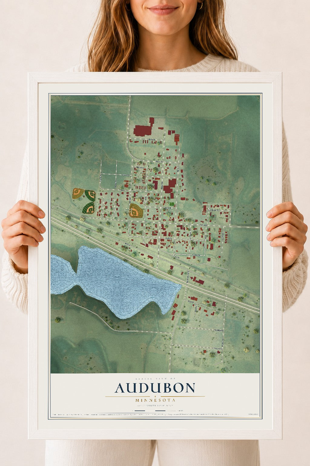 Map of Audubon, Minnesota, 18 x 24 inch print in a white wood frame