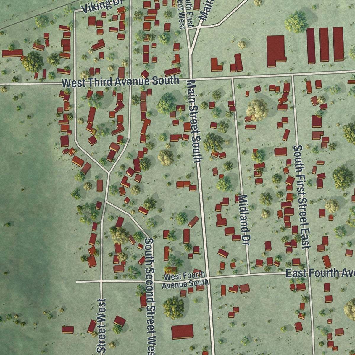 Second close-up of the map of Aurora, Minnesota print showing more streets and buildings