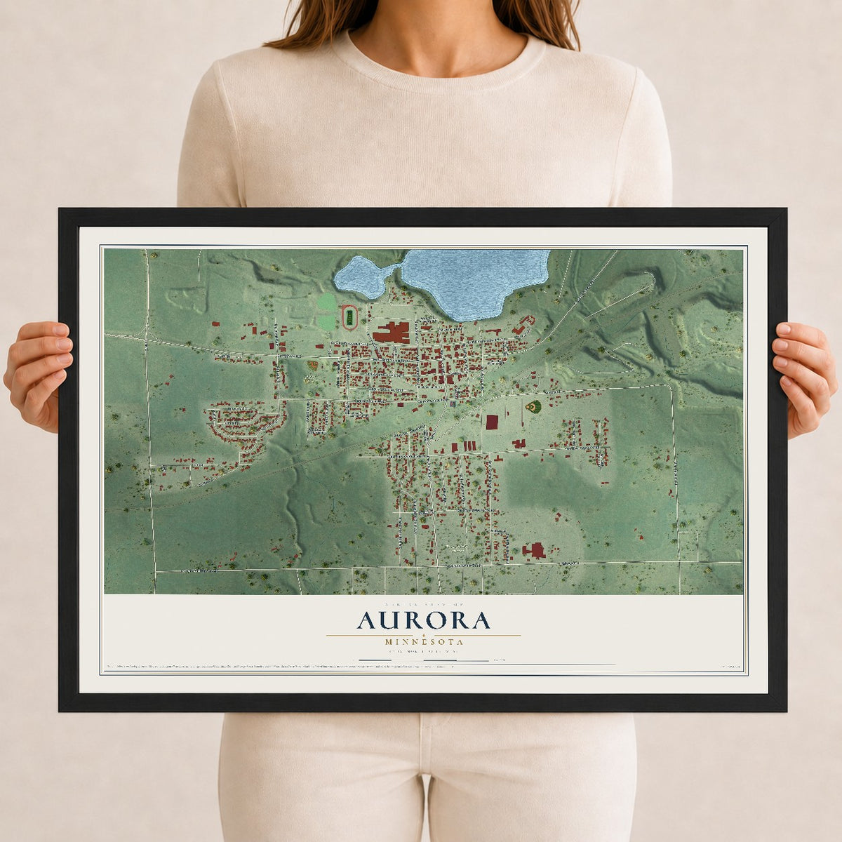 Map of Aurora, Minnesota, 12 x 18 inch print in a black wood frame