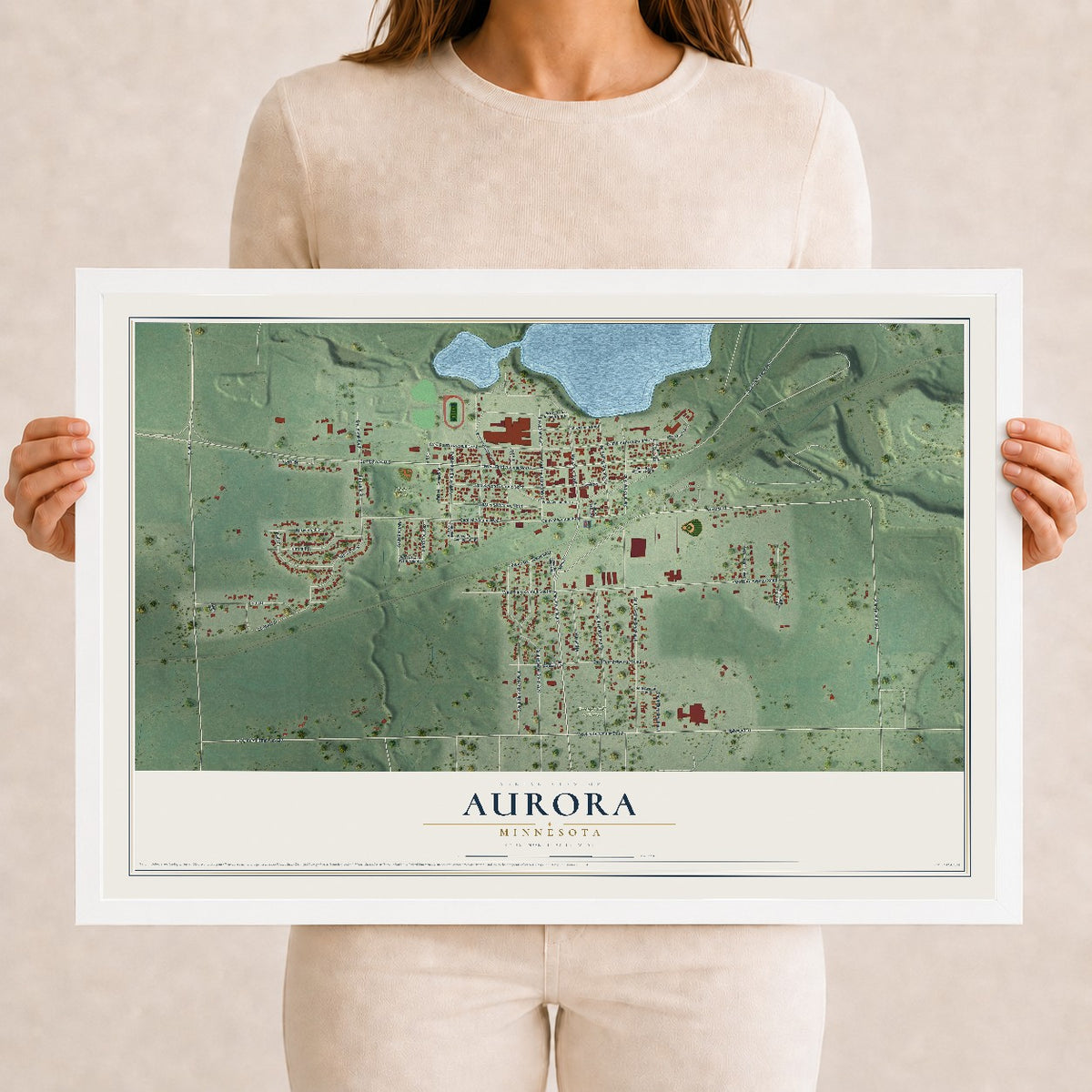 Map of Aurora, Minnesota, 12 x 18 inch print in a white wood frame