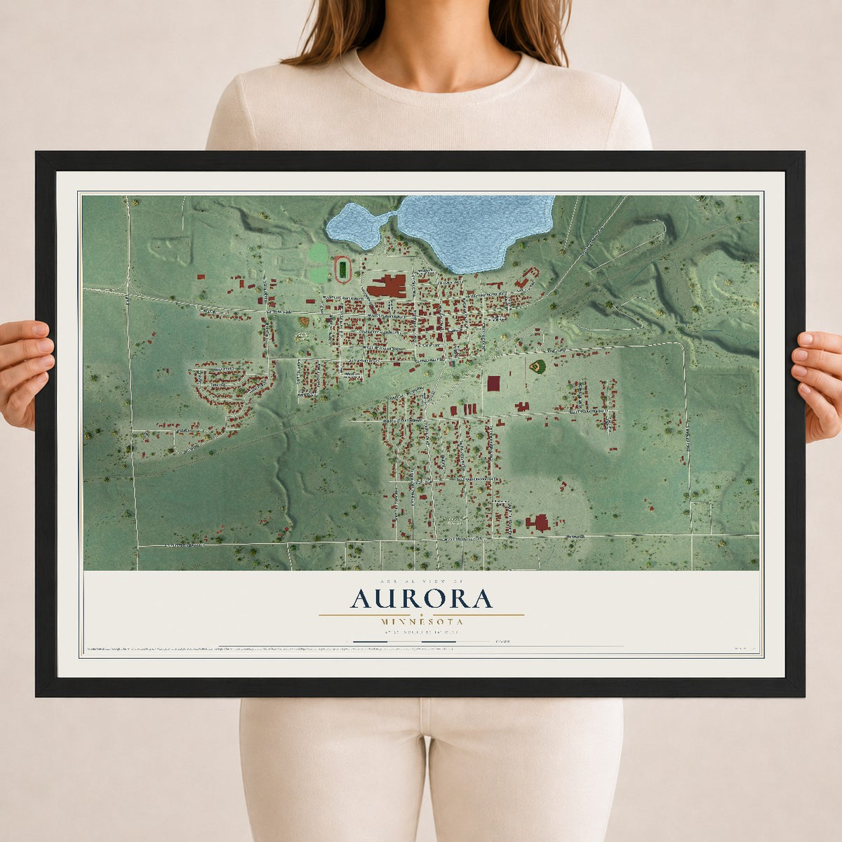 Map of Aurora, Minnesota, 18 x 24 inch print in a black wood frame