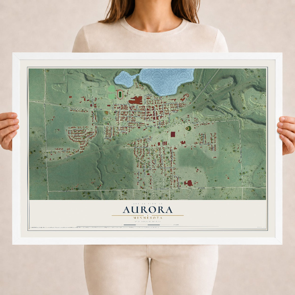 Map of Aurora, Minnesota, 18 x 24 inch print in a white wood frame