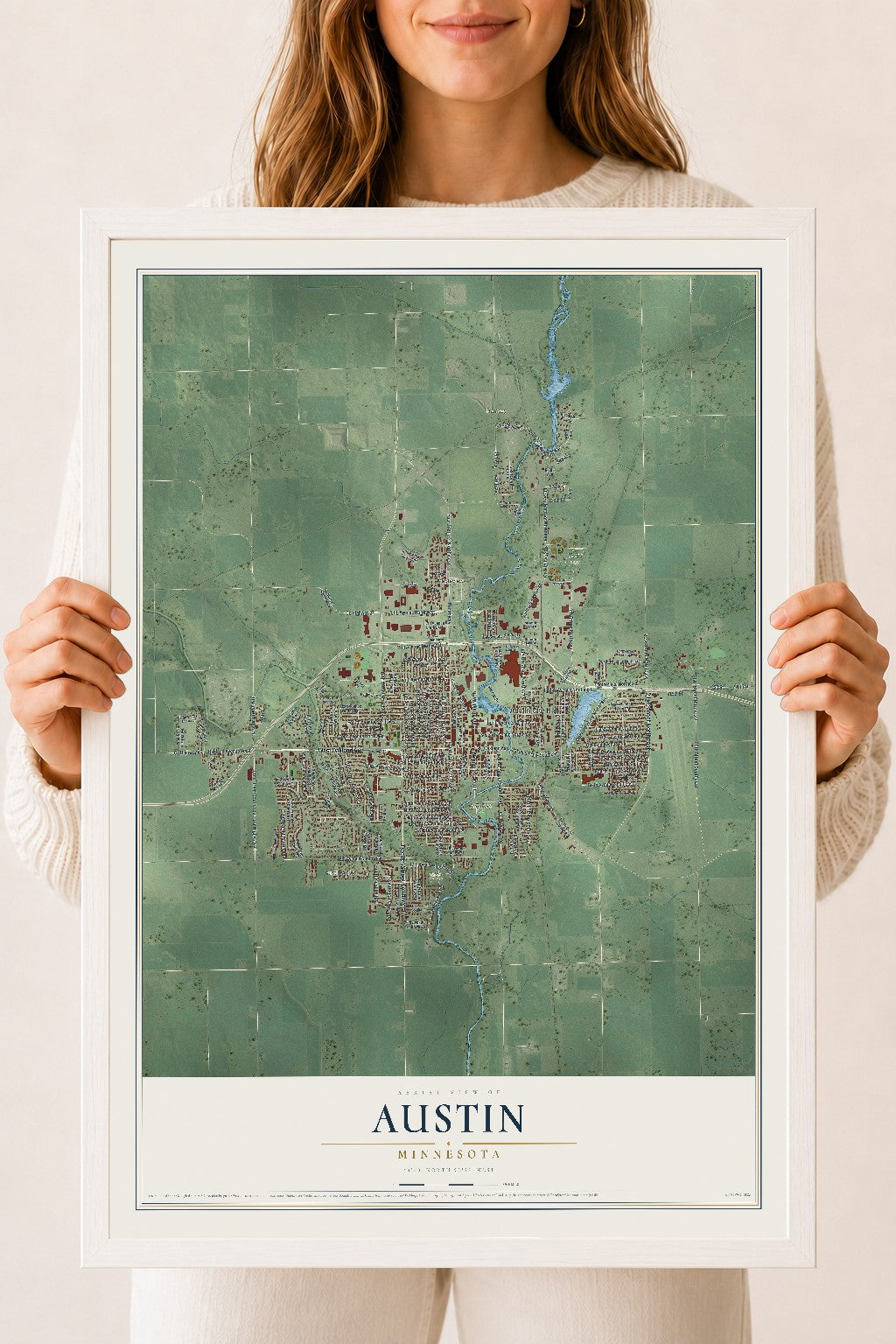 Map of Austin, Minnesota, 18 x 24 inch print in a white wood frame