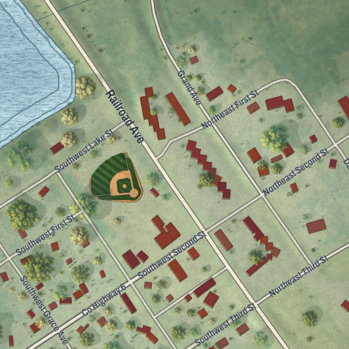 Close-up of the map of Avoca, Minnesota print showing street and building detail