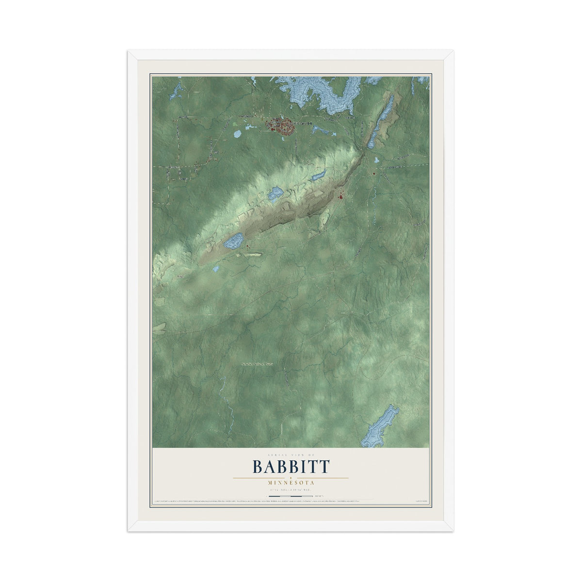Map of Babbitt, Minnesota, 12 x 18 inch print in a white wood frame