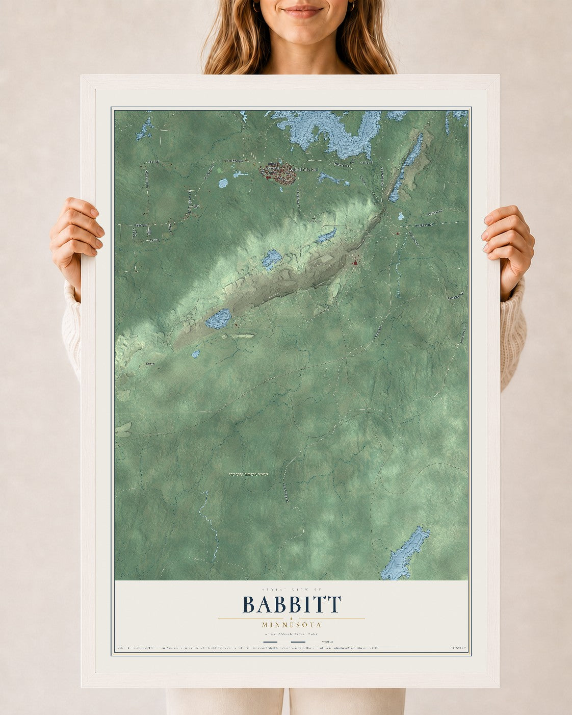 Map of Babbitt, Minnesota, 24 x 36 inch print in a white wood frame