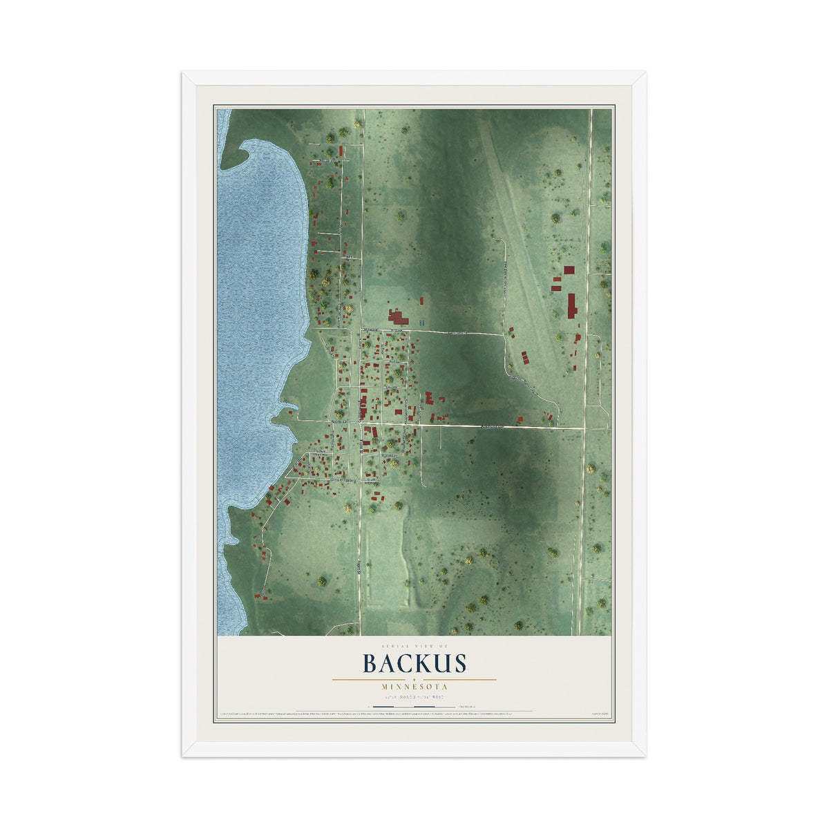 Map of Backus, Minnesota, 12 x 18 inch print in a white wood frame