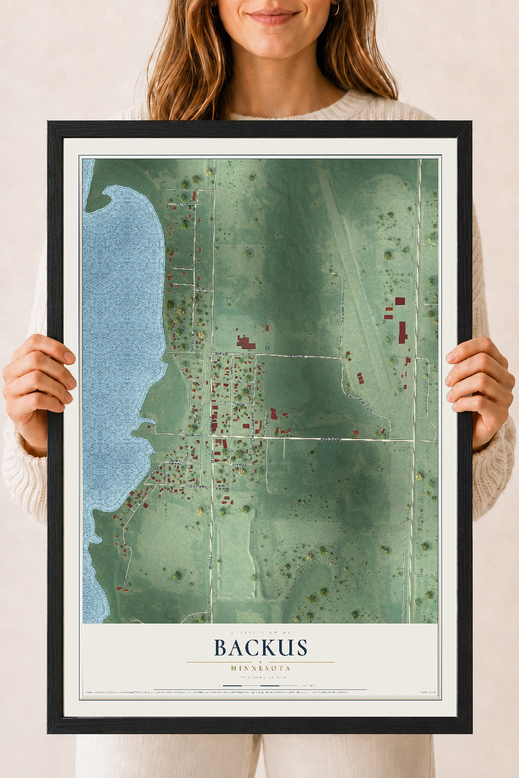 Map of Backus, Minnesota, 18 x 24 inch print in a black wood frame