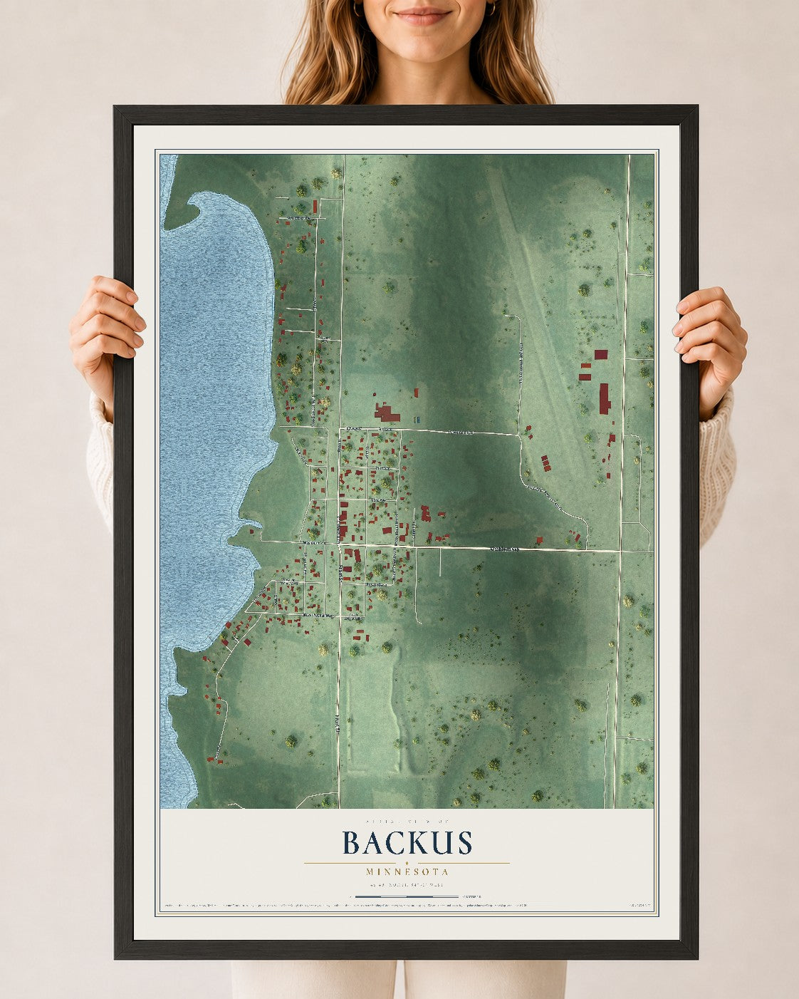 Map of Backus, Minnesota, 24 x 36 inch print in a black wood frame
