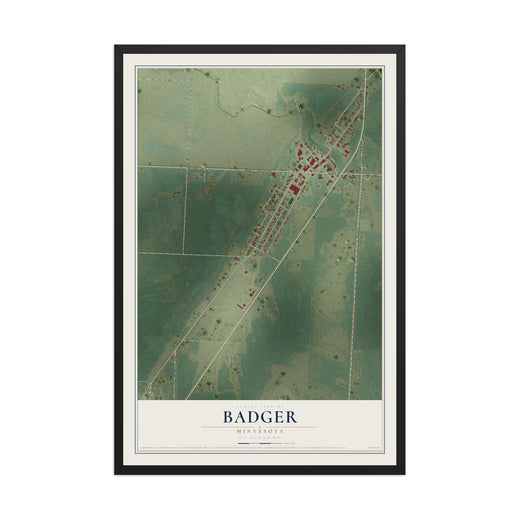 Map of Badger, Minnesota, 12 x 18 inch print in a black wood frame
