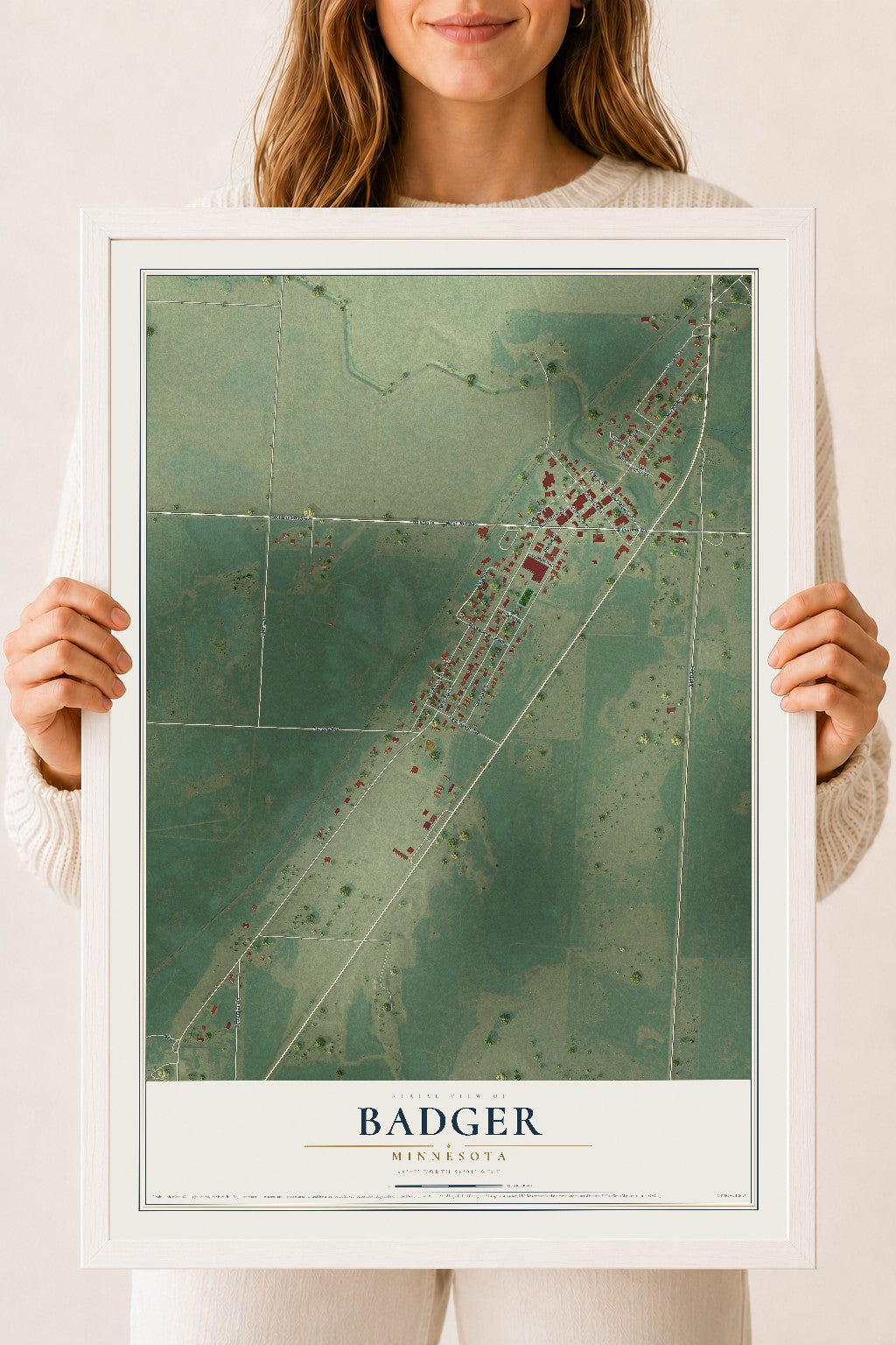 Map of Badger, Minnesota, 18 x 24 inch print in a white wood frame