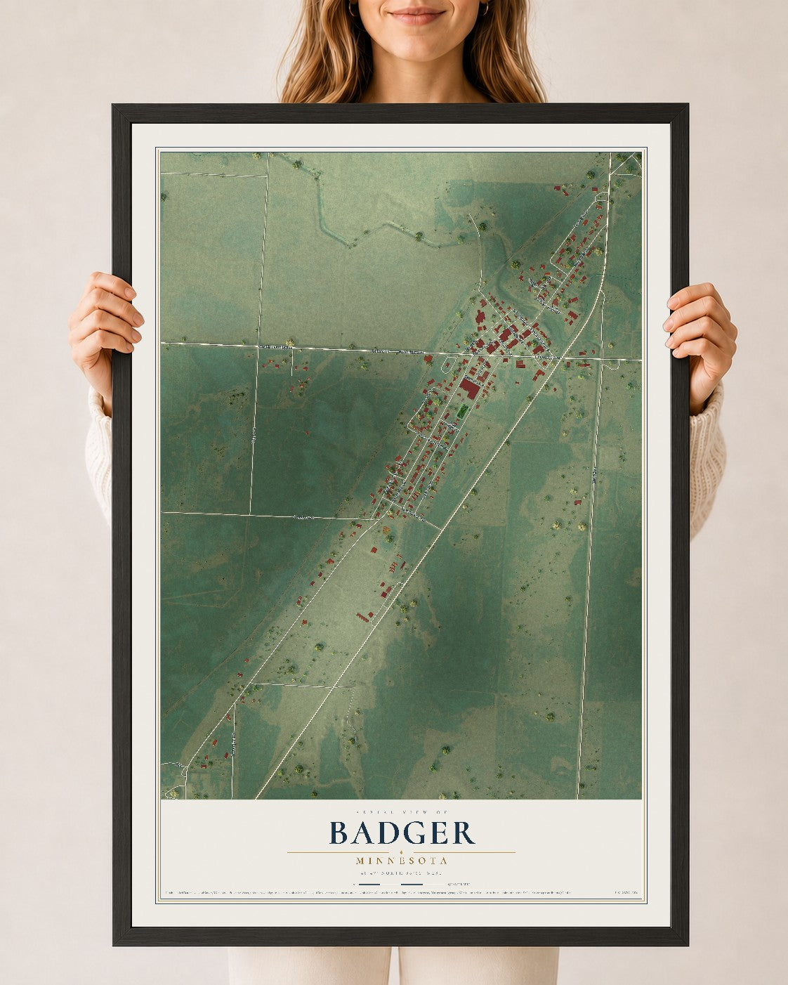 Map of Badger, Minnesota, 24 x 36 inch print in a black wood frame