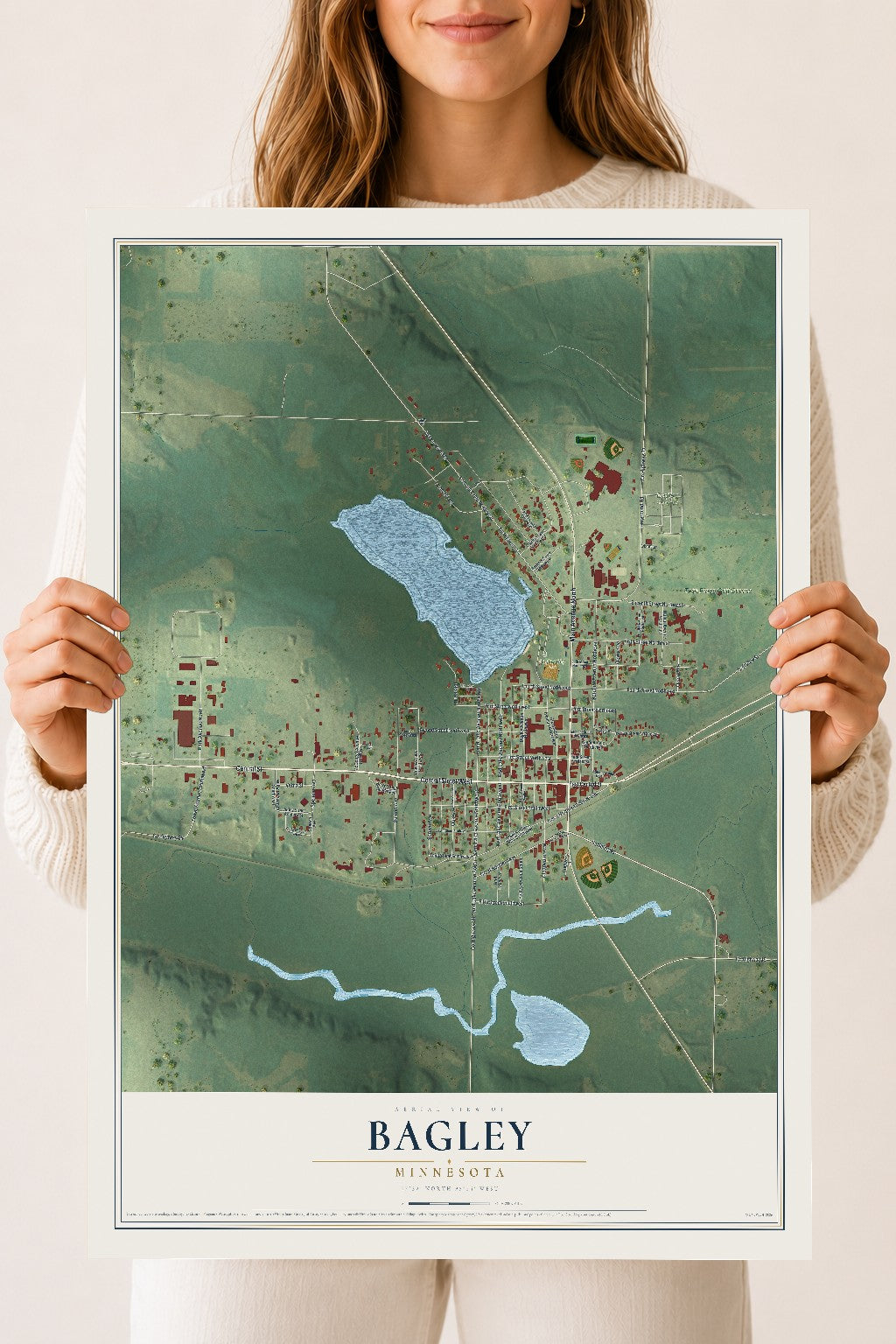 Map of Bagley, Minnesota, 18 x 24 inch unframed archival matte print
