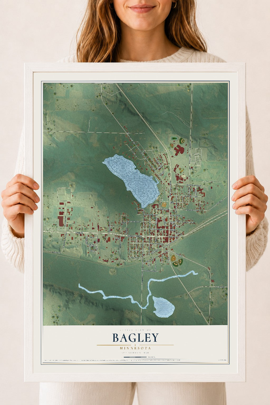 Map of Bagley, Minnesota, 18 x 24 inch print in a white wood frame