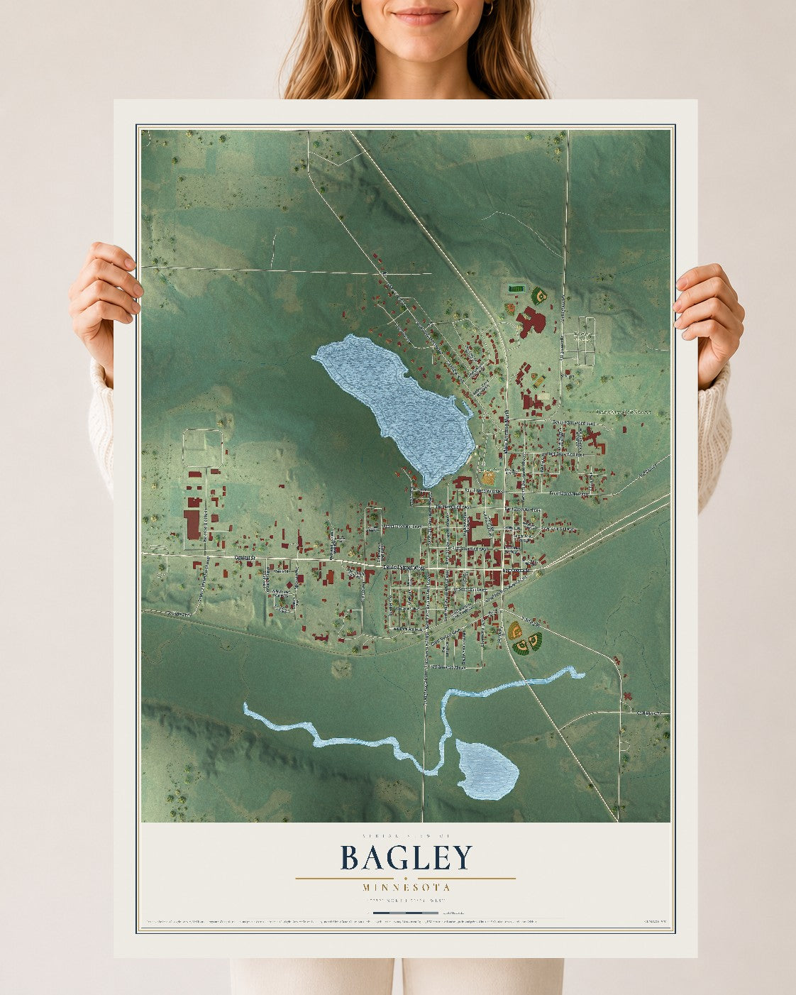 Map of Bagley, Minnesota, 24 x 36 inch unframed archival matte print