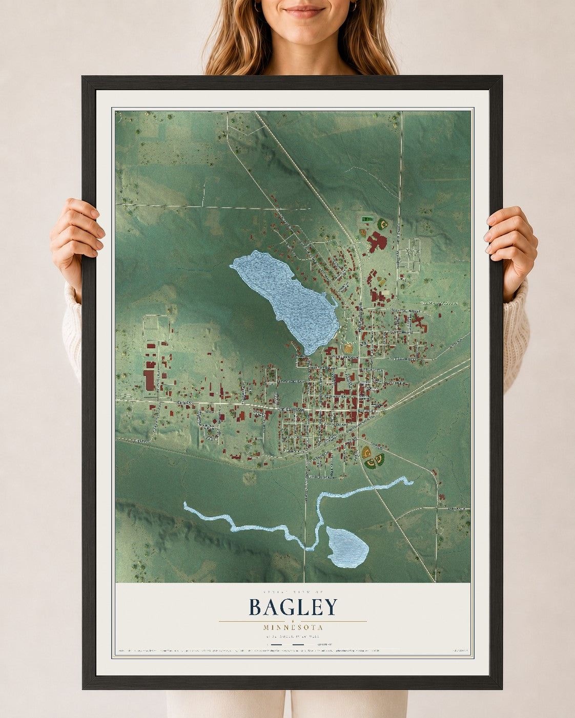 Map of Bagley, Minnesota, 24 x 36 inch print in a black wood frame