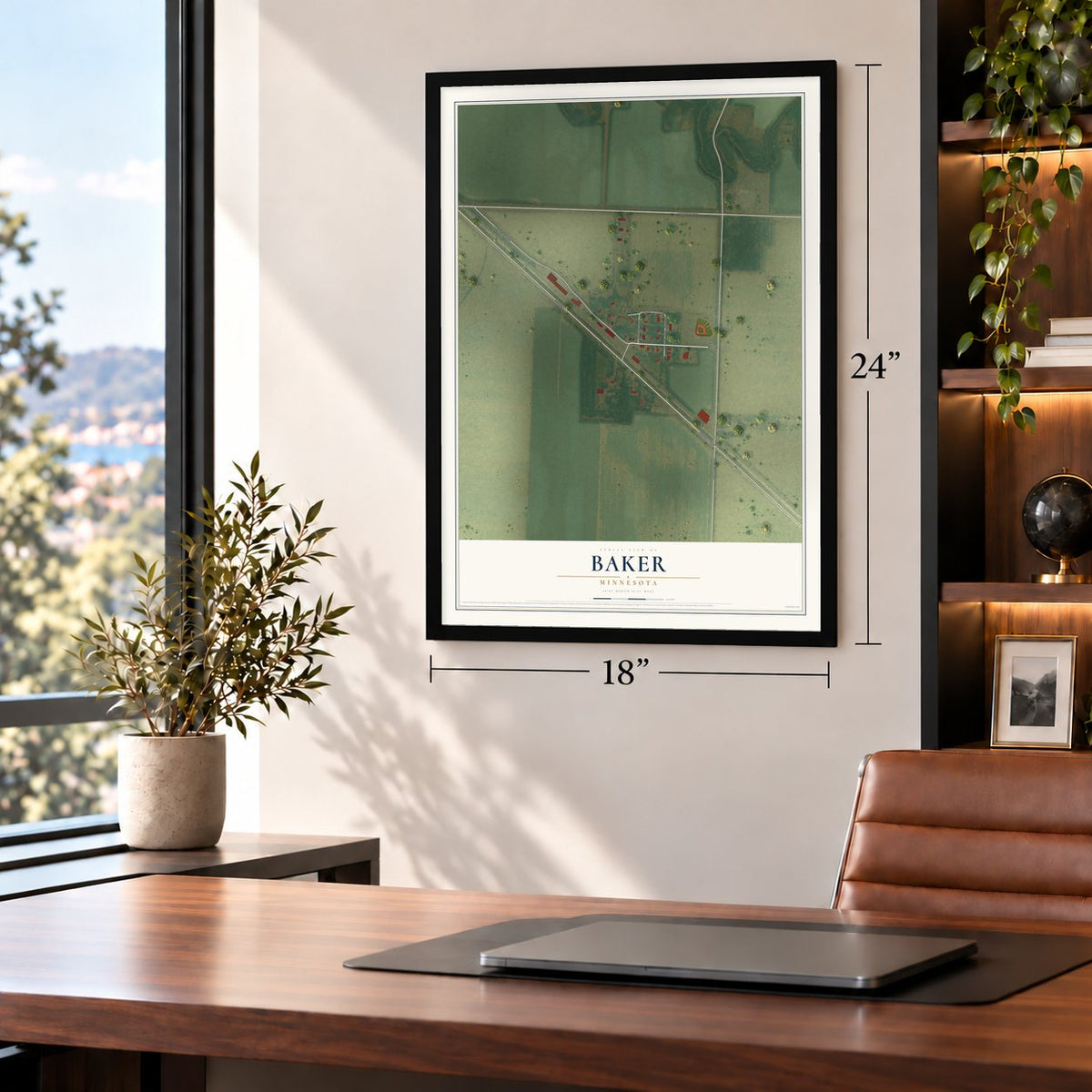Baker, Minnesota map, 18 x 24 inch print in a black frame in a home office