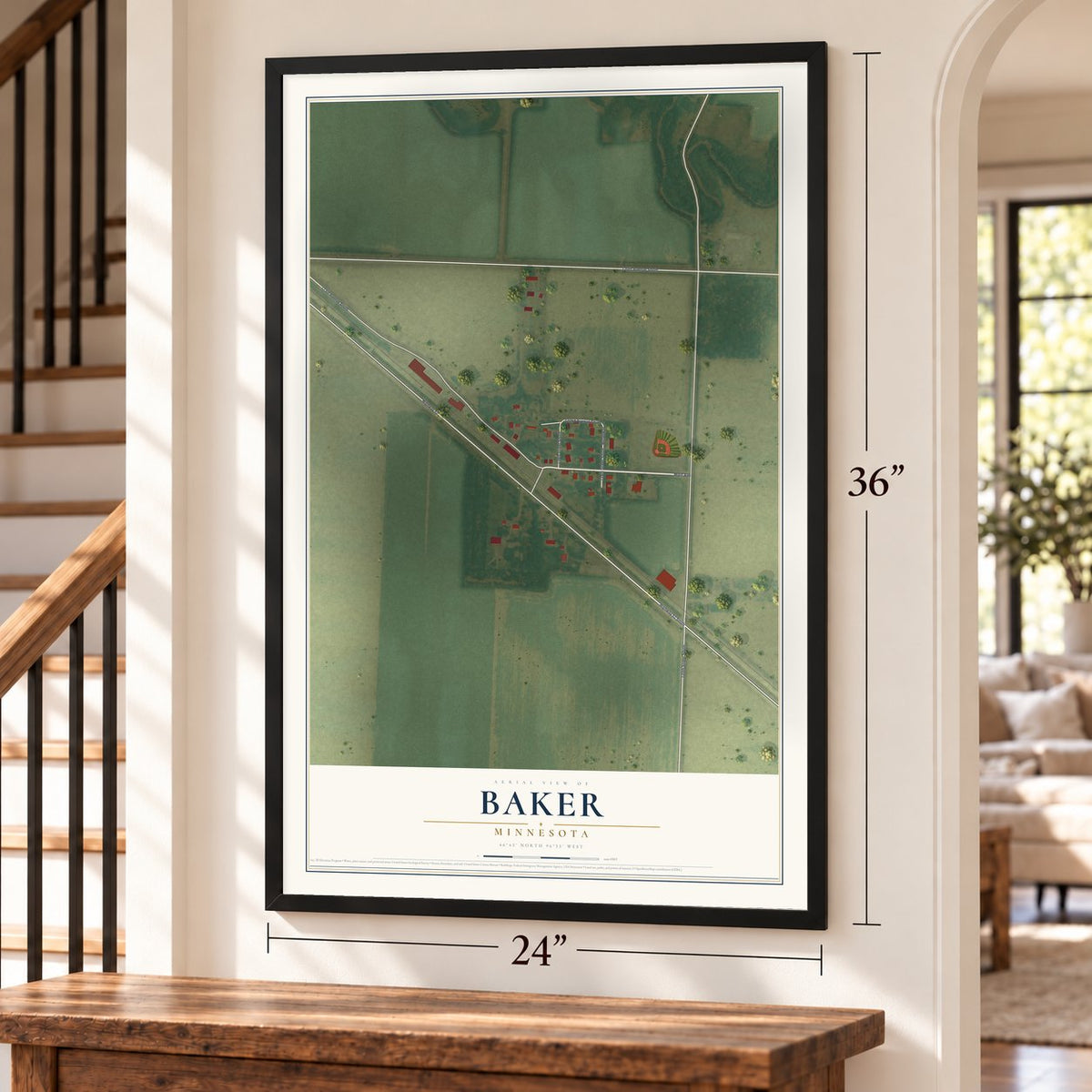Baker, Minnesota map, 24 x 36 inch print in a black frame by a staircase