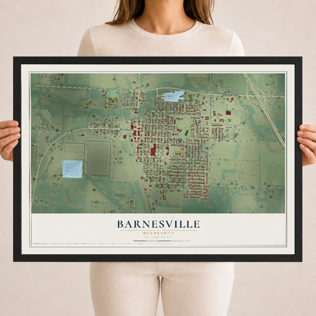 Map of Barnesville, Minnesota, 18 x 24 inch print in a black wood frame
