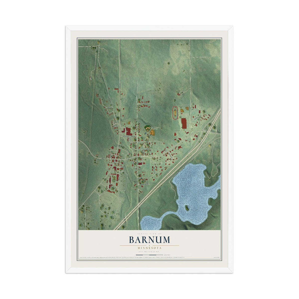 Map of Barnum, Minnesota, 12 x 18 inch print in a white wood frame