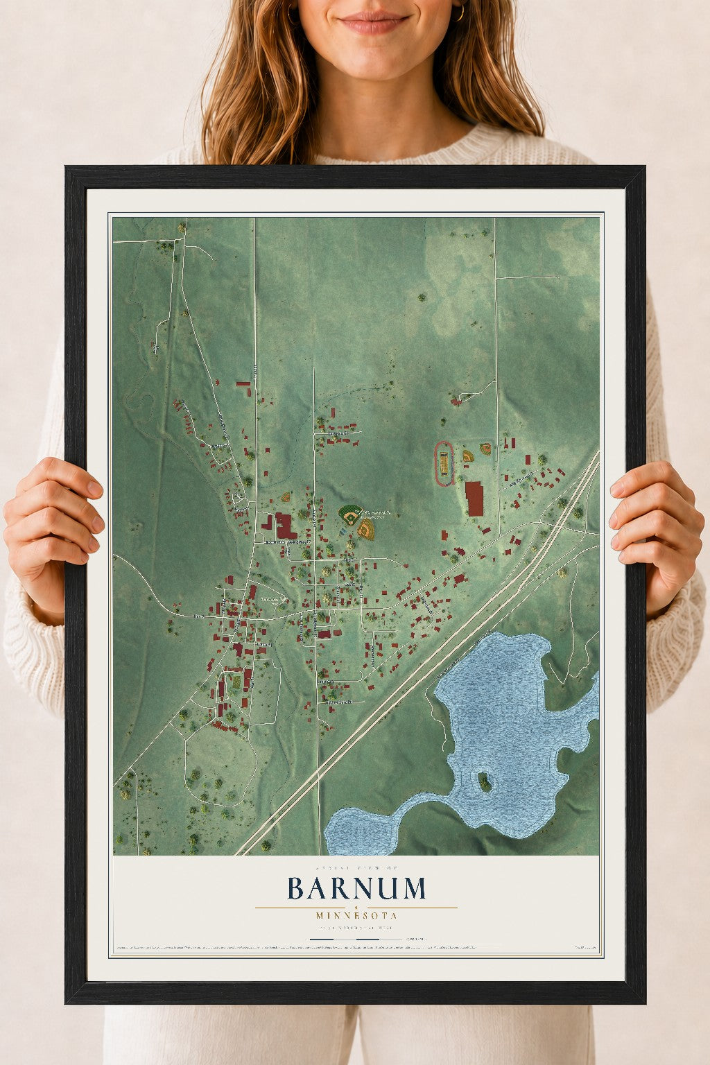 Map of Barnum, Minnesota, 18 x 24 inch print in a black wood frame