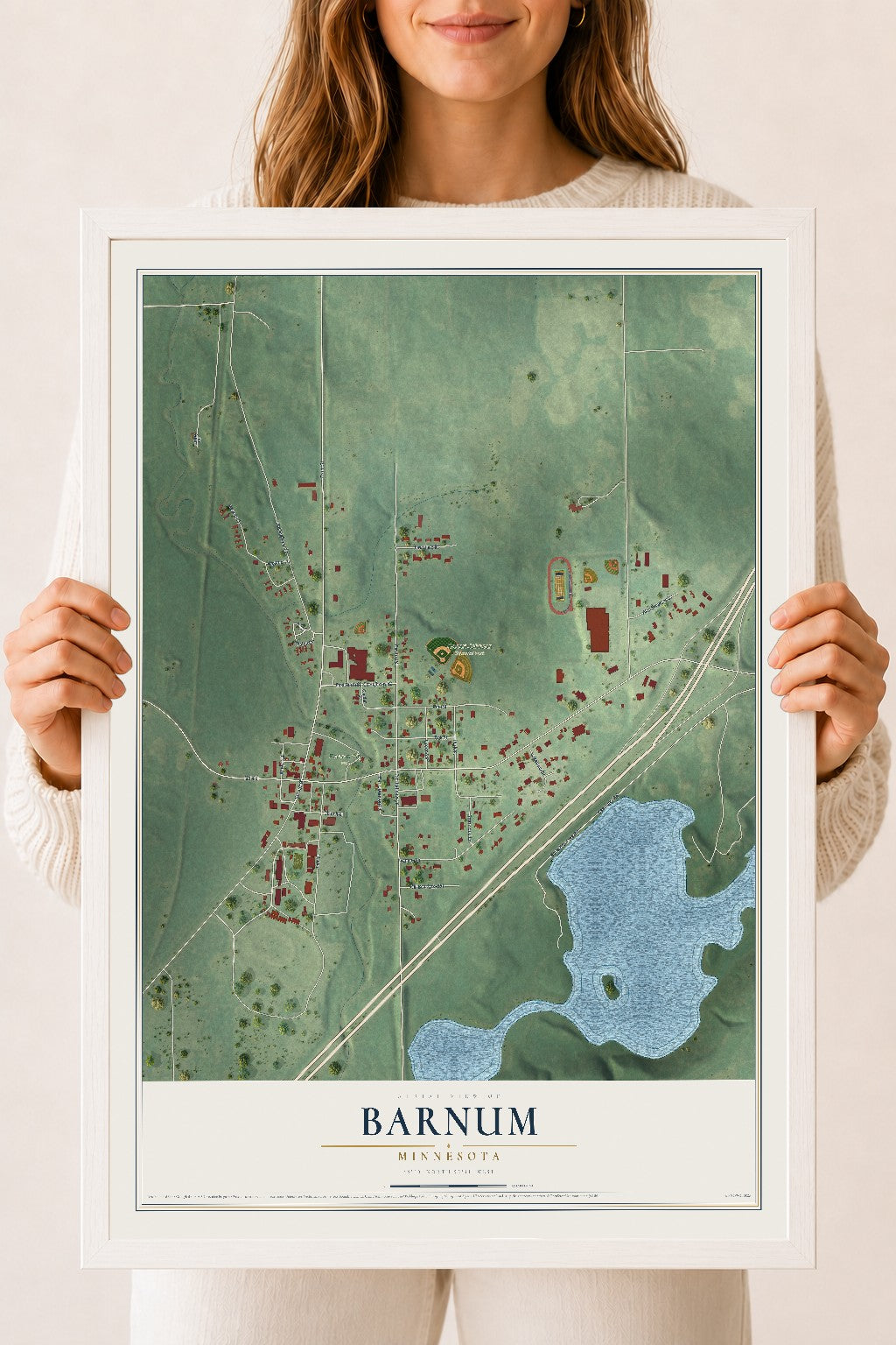 Map of Barnum, Minnesota, 18 x 24 inch print in a white wood frame