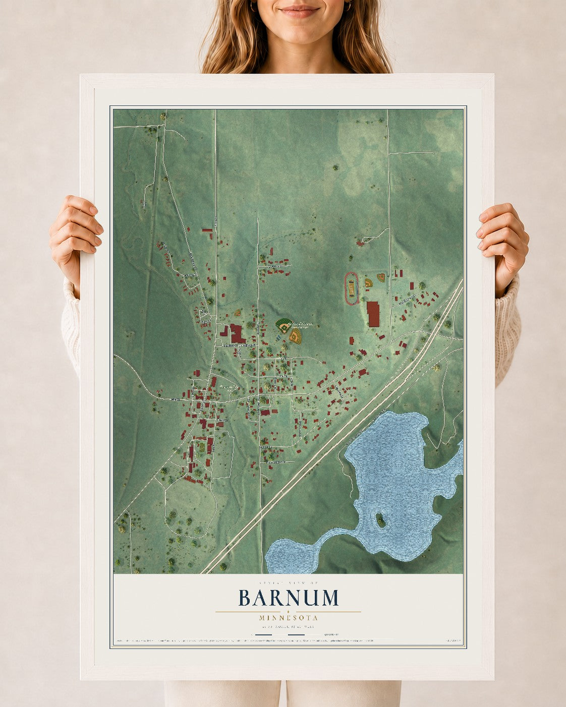 Map of Barnum, Minnesota, 24 x 36 inch print in a white wood frame
