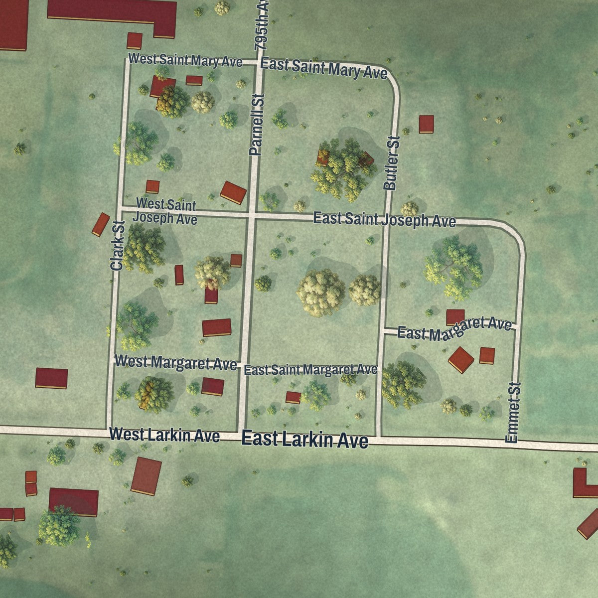 Close-up of the map of Barry, Minnesota print showing street and building detail