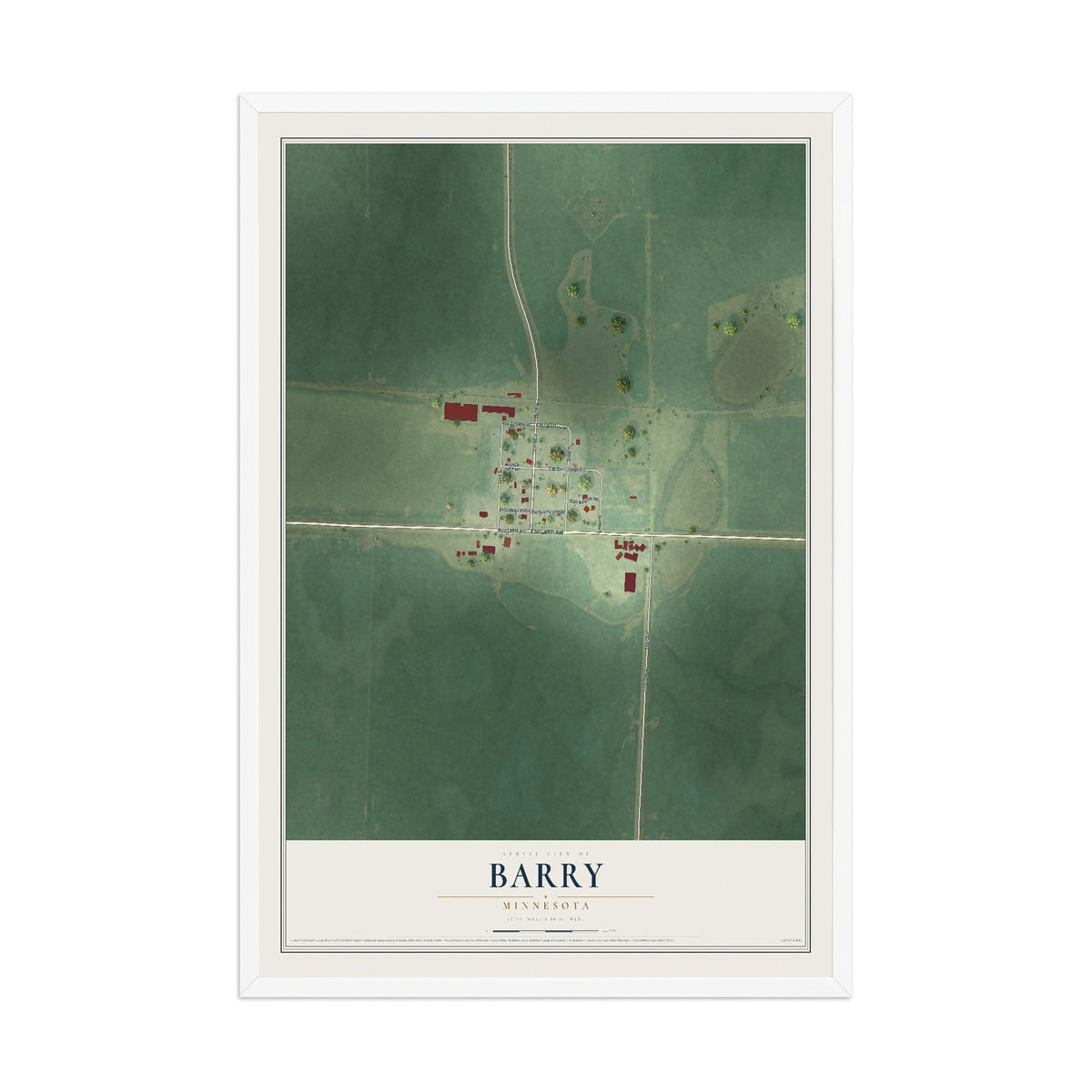 Map of Barry, Minnesota, 12 x 18 inch print in a white wood frame