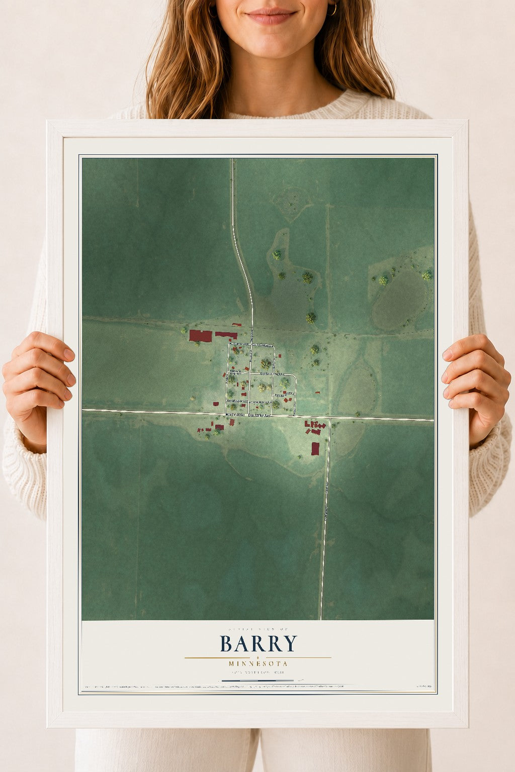 Map of Barry, Minnesota, 18 x 24 inch print in a white wood frame