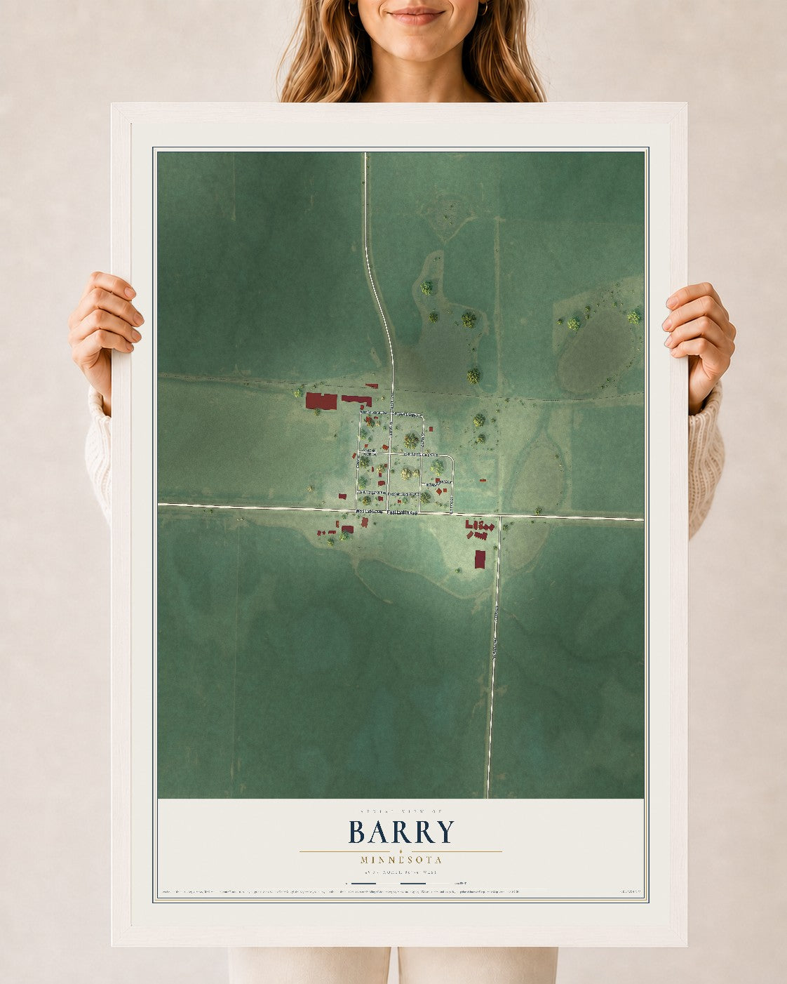 Map of Barry, Minnesota, 24 x 36 inch print in a white wood frame