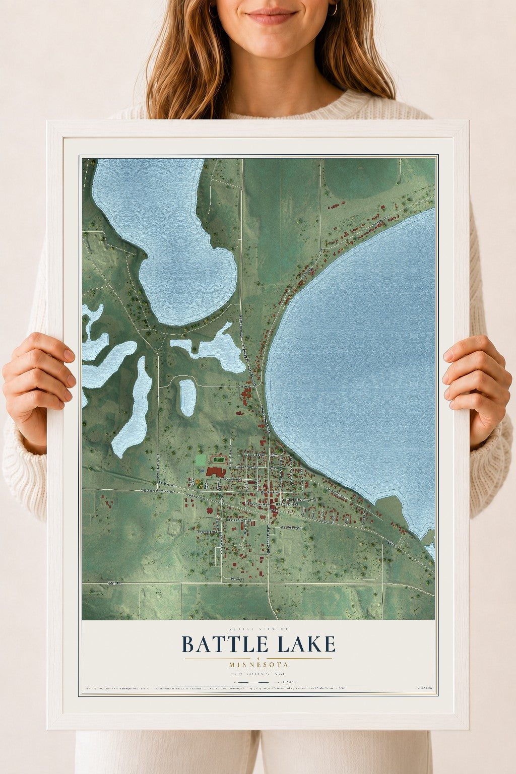 Map of Battle Lake, Minnesota, 18 x 24 inch print in a white wood frame