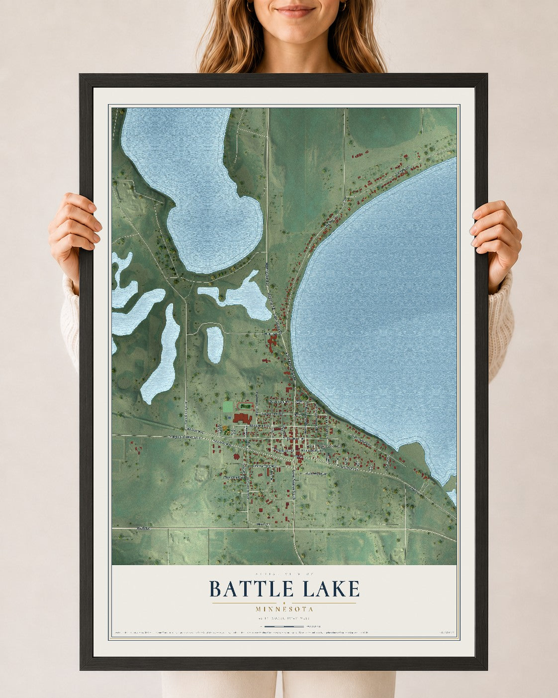 Map of Battle Lake, Minnesota, 24 x 36 inch print in a black wood frame