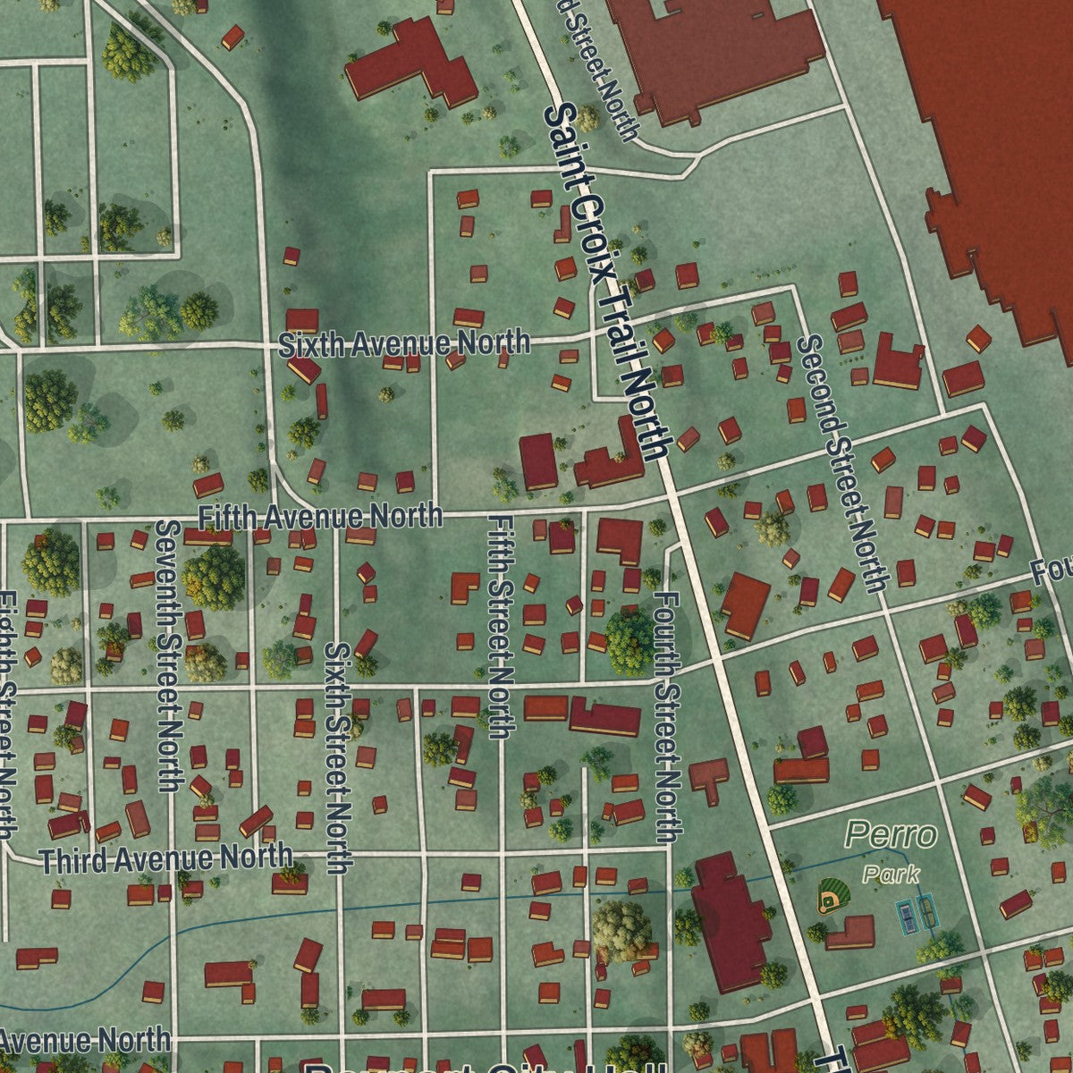 Close-up of the map of Bayport, Minnesota print showing street and building detail