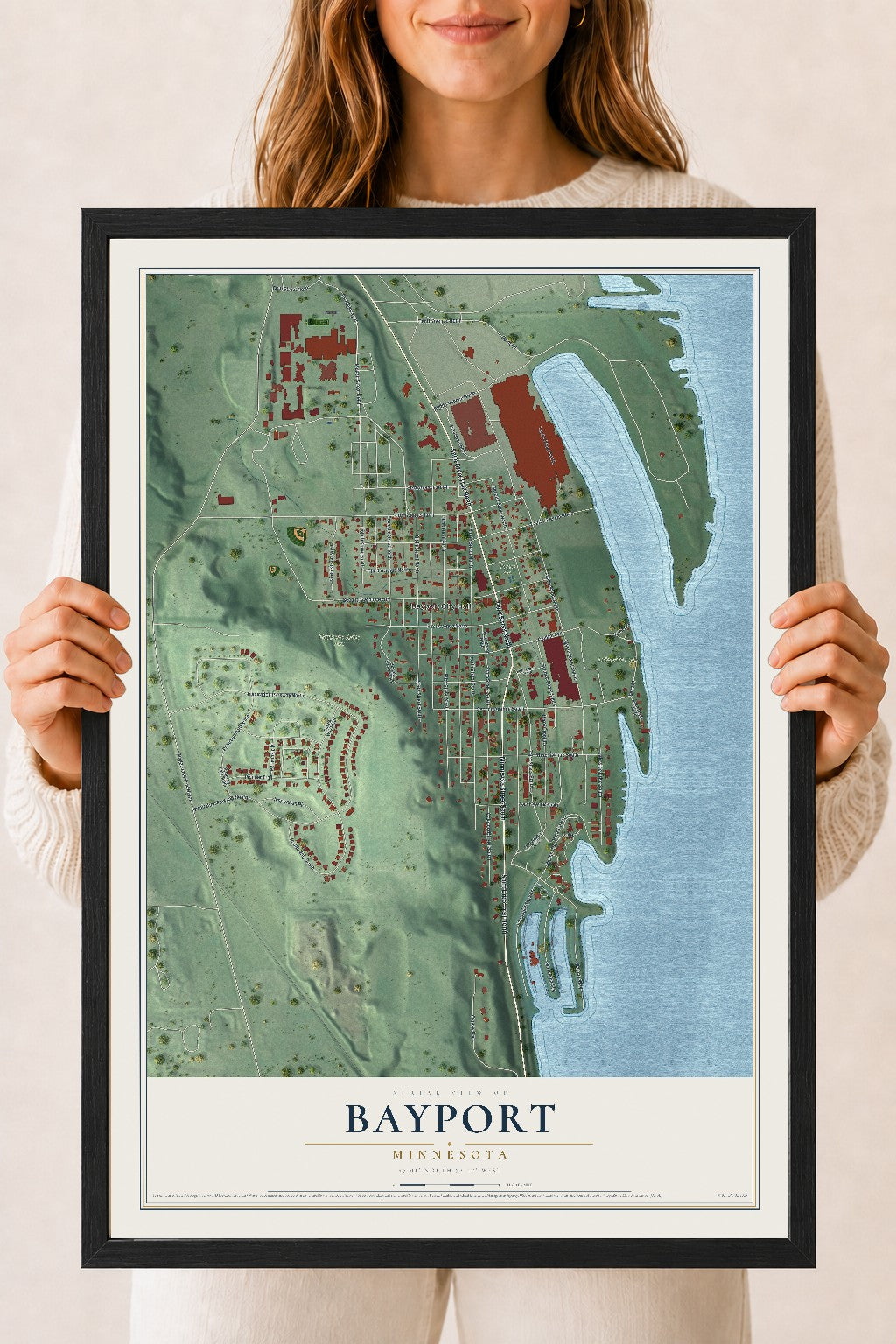 Map of Bayport, Minnesota, 18 x 24 inch print in a black wood frame