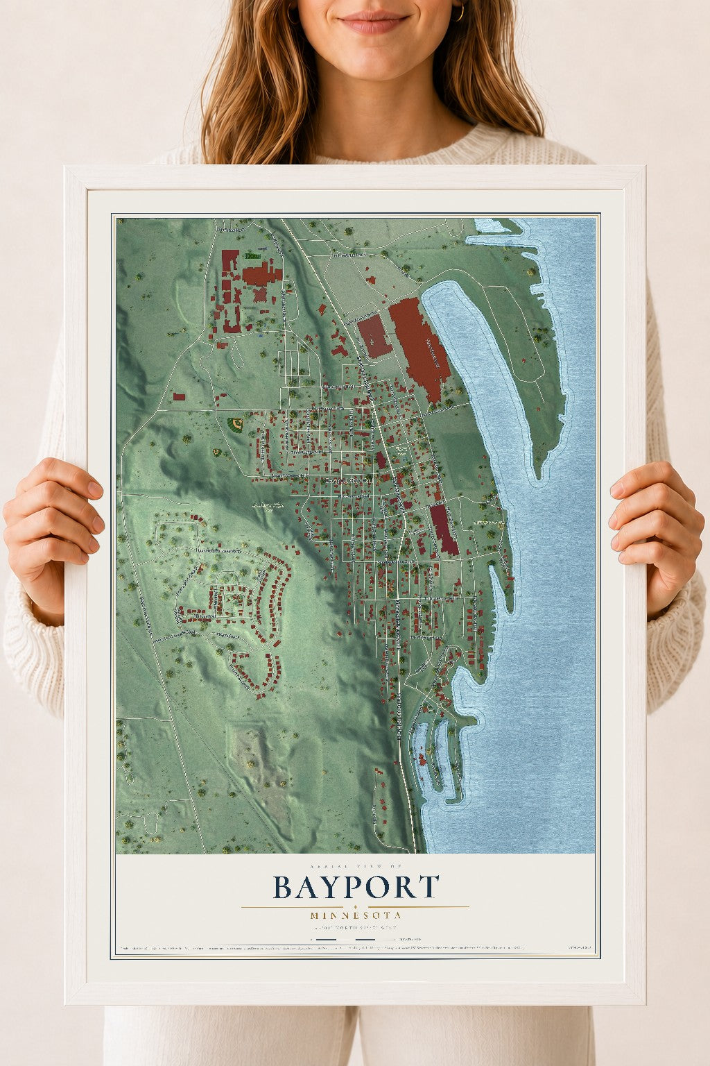 Map of Bayport, Minnesota, 18 x 24 inch print in a white wood frame